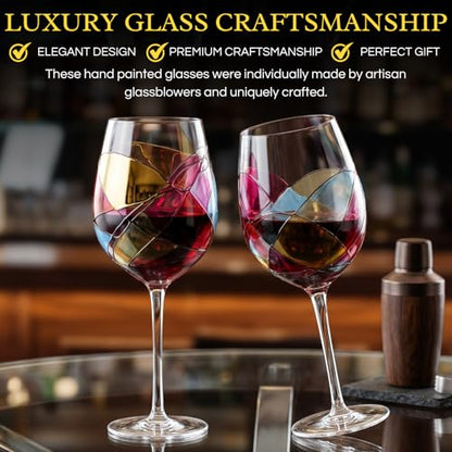 Artisanal Hand Painted Stemmed Wine Glasses - Everyday Celebrations, Gifts Idea for Wife, Mom, Valentine, Holiday Renaissance Romantic Stain-glassed Windows, 2 Set - Gift Idea Birthday, Housewarming - style: Stemmed Glasses Set