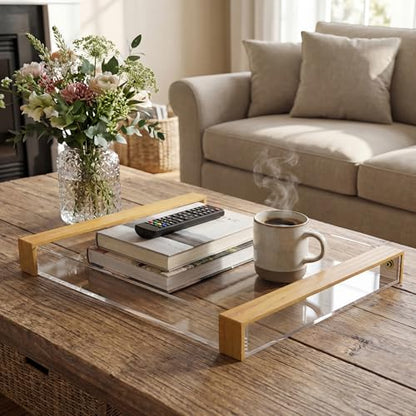 Acrylic Serving Tray with Wooden Handles, Rectangle | Clear, For Bathroom Vanity, Coffee Table, Kitchen Counter, Ottoman, For Food, Drinks, Perfume, Cosmetics, Decorative