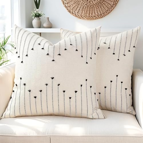 ZONYO Throw Pillow Covers 20x20 Set of 2, Textured Woven Cotton Decorative Cushion Covers with Fringe Tassel, Fade Resistant Washable for Couch Sofa Bed Patio, Boho Farmhouse Modern Decor, Black - color: Black, size: 20" x 20" (Pack of 2)