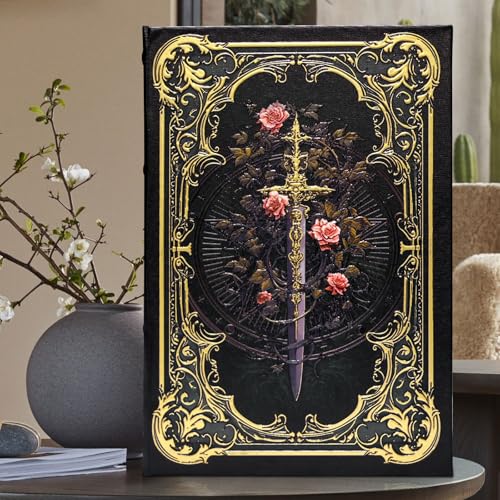 Premium Canvas Book Shaped Box with Gold Foil Decorative Storage | Secret Safe for Valuables, Remote Control Holder Elegant Home Office Decor Large Size Box - color: Classic black floral