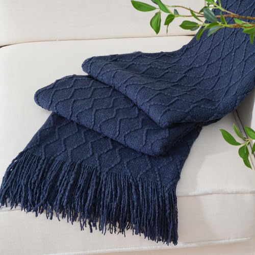 BATTILO HOME Navy Throw Blankets for Couch, Navy Blue Lightweight Decorative Blankets and Throws, Boho Warm Knit Blanket for Men and Women, 50"x60" - color: Navy Blue