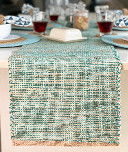 Natural Jute Table Runner 13x90 Inch – Vintage Boho Rustic Table Decor – Handwoven Table Runner in Natural Jute and Aqua Turquoise – Farmhouse Dining or Console Table Accent - color: Natural Jute-aqua Turquoise, size: 13x90 Inch.