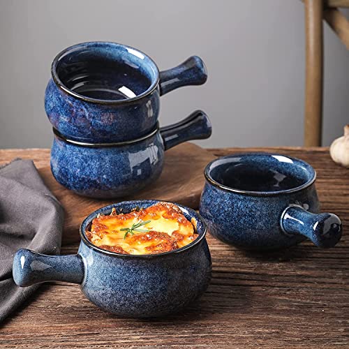 vicrays French Onion Soup Bowls With Handles, 26 Ounce for Soup, Chili, Beef Stew, Chip Resistant, Dishwasher Microwave Safe, Set of 4 (Blue) - color: Blue