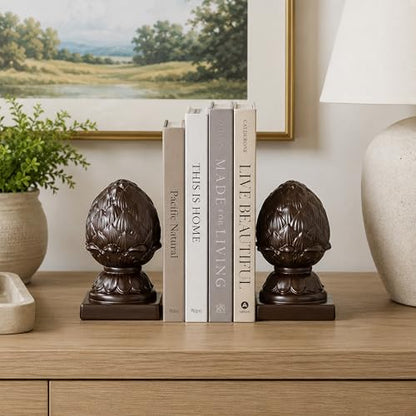 Benjara Ceramic Artichoke Bookends on Square Base, Brown