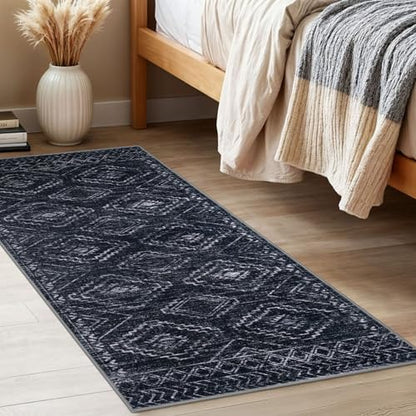 KILOCOCO Washable Runner Rug 2x5 ft Hallway Runners, Blue-Black | Non Slip Runner Rug, Printed Kitchen Runner Rug, Low-Pile Entryway Runners, Soft Geometric Rugs for Bedroom Hall Living Room - color: Black/Navy/White, size: 2' x 5' (Runner)