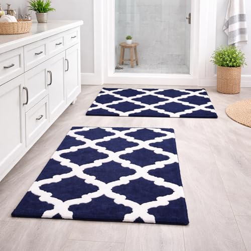 C23 Bathroom Rug Set of 2 (20"x32" & 16"x24") - 2200 GSM Ultra-Absorbent Plush Bath Mats Navy Blue & White - color: Navy/White