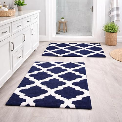 C23 Bathroom Rug Set of 2 (20"x32" & 16"x24") - 2200 GSM Ultra-Absorbent Plush Bath Mats Navy Blue & White - color: Navy/White