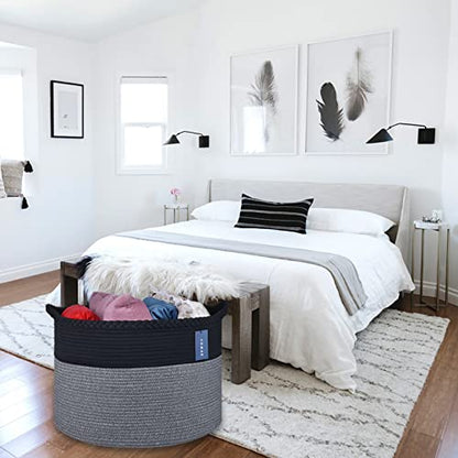 COMSE XXXLarge Woven Blanket & Laundry Basket, 87L, Black & Gray | 21.7" x 13.8", Cotton Rope, Nursery Hamper for Storage of Toys Clothes Towels, Ideal for Living Room Bedroom Bathroom - color: Black & Gray