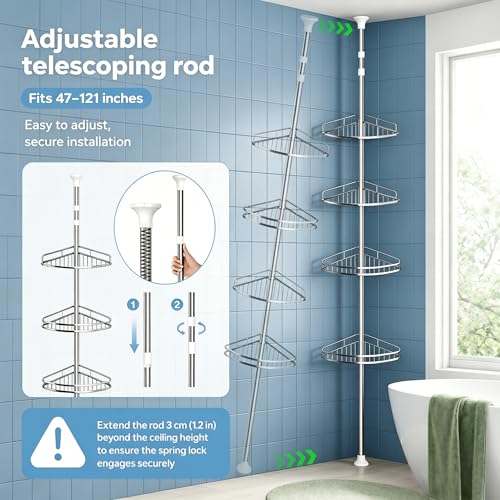 Corner Shower Caddy Tension Pole, 4-Tier SS Bathroom Storage Rack | shower pole caddy corner, 4-Tier Stainless Steel Bathroom Storage Rack, No-Drill Adjustable Shower Shelves for RV doom studio