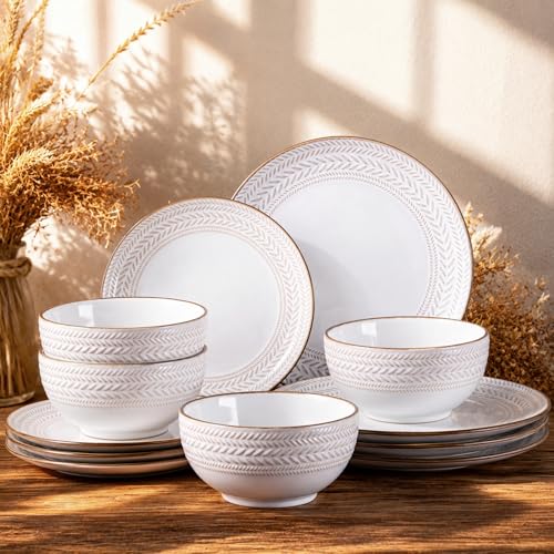 GBHOME Stoneware Dinnerware Set for 4, 12 piece Farmhouse Plates and Bowls | Elegant Embossed Ceramic Dish Set, Scratch Resistant, Microwave & Dishwasher Safe, Off white - color: Off White-Wheat Ear