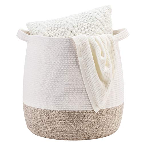 Large 17 x 17 Inches Decorative Woven Cotton Rope Blanket Basket for Living Room, Laundry Basket Hamper, Storage Baskets with Handles for Toys, Throws, Pillows, Towels, Shoes, Brown