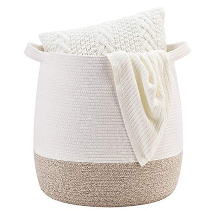 Large 17 x 17 Inches Decorative Woven Cotton Rope Blanket Basket for Living Room, Laundry Basket Hamper, Storage Baskets with Handles for Toys, Throws, Pillows, Towels, Shoes, Brown