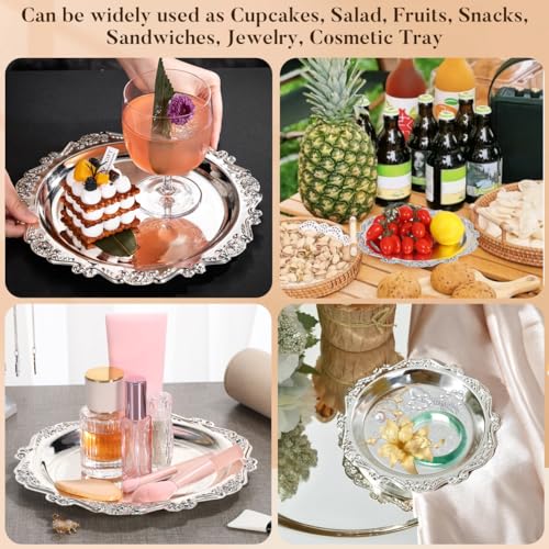 SEWACC 7.87 inch Round Silver Serving Tray Iron Snack Serving Platter for Food Desserts Fruit and Jewelry Display Elegant Party Serveware for Entertaining - color: Silver