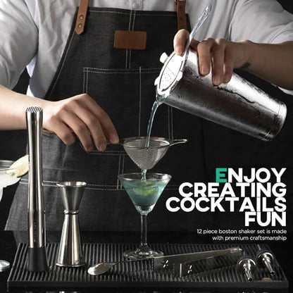 Homestia Cocktail Shaker Set Bartender Kit : 12-Pieces Bar Tool Set Barware | Stainless Steel Bar Set Accessories, 18 oz/28oz Weighted Boston Shaker Tins, Martini Shaker Mixing Tools for Home Bartending - color: Silver