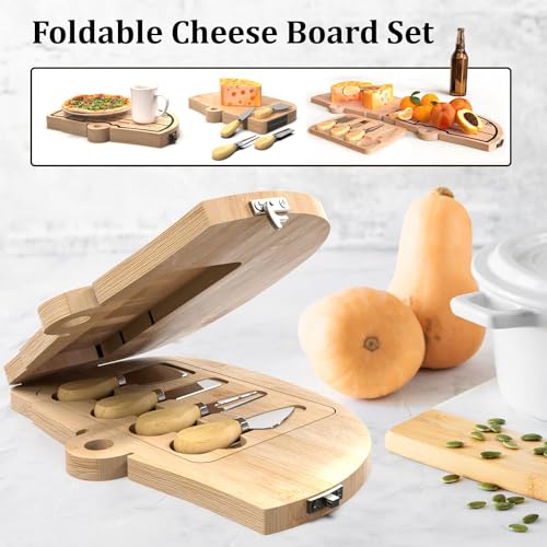 Bamboo Charcuterie Board Set - Foldable Serving Tray with Utensils | Unique Cheese Cutting Board Gift Set for Mom, House Warming, Wedding Gifts for Couples - size: 12.7"L x 8.5"W