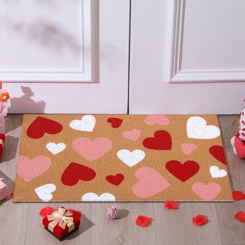 Duraaamo Valentine Coir Door Mat Welcome Doormat Red Pink White Heart Pattern Non Slip for Outdoor Entrance Front Porch Entryway Decor - style: Heart