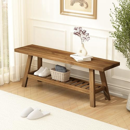 Reclaimed Solid Wood Bench-43.3" Entryway Bench with Storage Shelf | Farmhouse Narrow Rustic Bench, Hallway, Kitchen, Bedroom, Dining, Indoor - size: 43.3"