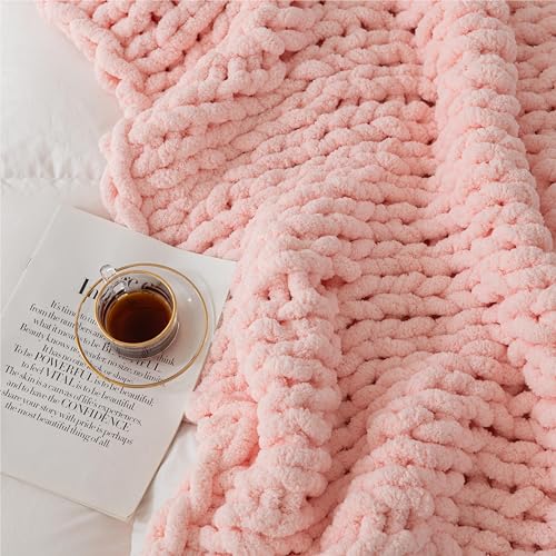 Chunky Knit Blanket Throw 51"×63" for Couch Pink | 100% Handmade Knitted Throw Blanket Fluffy Soft Blanket with Jumbo Chenille Yarn Thick - color: Pink, size: 50"*60"