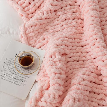 Chunky Knit Blanket Throw 51"×63" for Couch Pink | 100% Handmade Knitted Throw Blanket Fluffy Soft Blanket with Jumbo Chenille Yarn Thick - color: Pink, size: 50"*60"