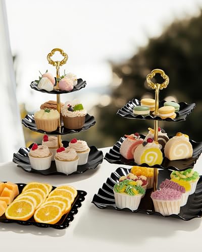 Kootek 10pcs Cupcake Stand Dessert Table Display Set Serving Tray for Party | 3-Tier Cupcake Stand, 6 Rectangular Trays, Hold 128 Standard Cupcakes, Cookie Display, BPA-Free, No Tools Required, Hand Wash - color: Gold & Black, size: 10 Set