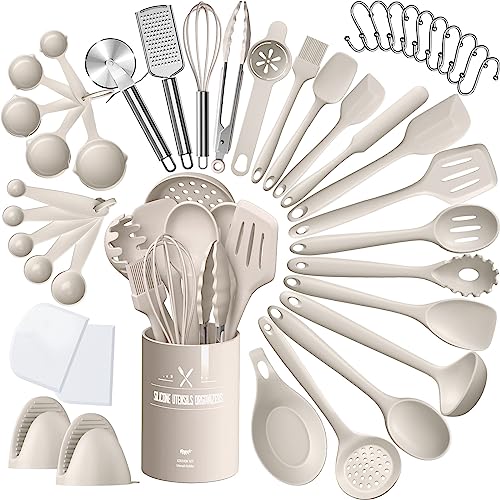 Silicone Kitchen cooking Utensils Set, AIKKIL 43 Pcs Heat Resistant Khaki Cooking Utensils Set, Turner, Tongs, Spoon, Spatula, Kitchen Gadgets Tools Set For Nonstick Cookware(Dishwasher, BPA Free) - color: Khaki