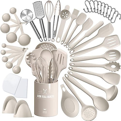 Silicone Kitchen cooking Utensils Set, AIKKIL 43 Pcs Heat Resistant Khaki Cooking Utensils Set, Turner, Tongs, Spoon, Spatula, Kitchen Gadgets Tools Set For Nonstick Cookware(Dishwasher, BPA Free) - color: Khaki