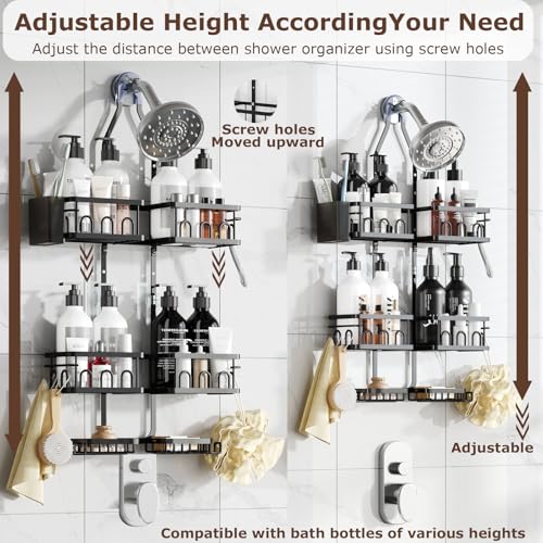 Adjustable Shower Caddy Hanging Rustproof Shower Caddy Shower Organizer for Over Handheld or Fixed Shower Heads with Hooks Soap Holder Toothbrush Holder