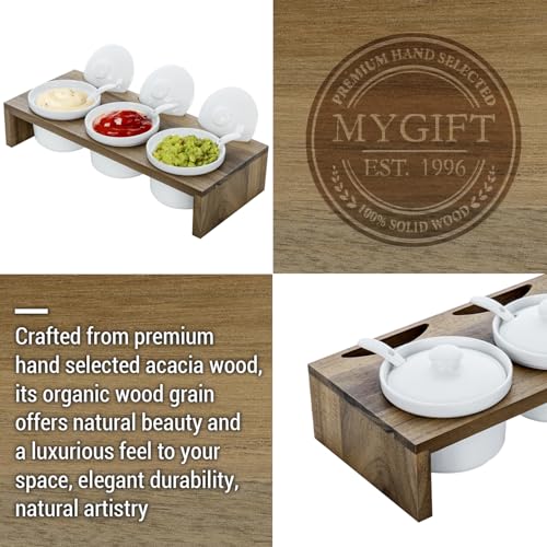 MyGift 10 Pcs Condiment Pot Serving Dish Set, Hosting Essentials, Premium Acacia Solid Wood Raised Display Server Tray and 3 Ceramic Ramekin Dip Bowls with Lids and Spoons - color: Acacia