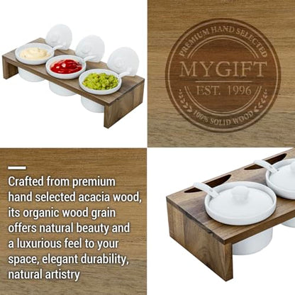 MyGift 10 Pcs Condiment Pot Serving Dish Set, Hosting Essentials, Premium Acacia Solid Wood Raised Display Server Tray and 3 Ceramic Ramekin Dip Bowls with Lids and Spoons - color: Acacia