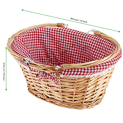 Natural Wicker Woven Gift Easter Basket, Hand Woven Empty Willow Woven Basket with Double Folding Handles and Washable Gingham Liner, Wicker Picnic Basket for Egg Candy Fruit Toy Storage
