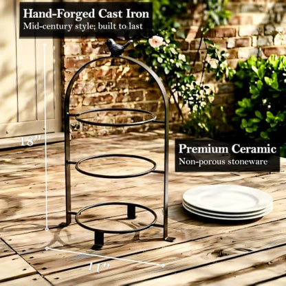 SparkWorks 3 Tiered Cake Stand, Tea Party Serving Platter, Dessert and Cupcake Stand, Metal Tiered Serving Stand Includes Three Premium White Stoneware Plates - size: 8.5 inch