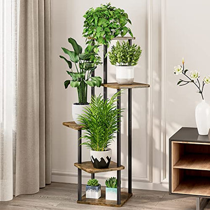 5 Tier Tall Plant Stand Indoor Corner Tiered Shelf Metal MDF Board | Sturdy Metal Frame,Space-saving Tiered Design Display Multiple Plants,Modern Style for Home,Balcony,Office Black+Rustic Brown