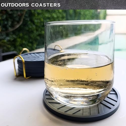Silicone Coasters Set of 6 & Gold Holder with smart Modern Groove Patterns - Blue Gray - color: Dusty Blue