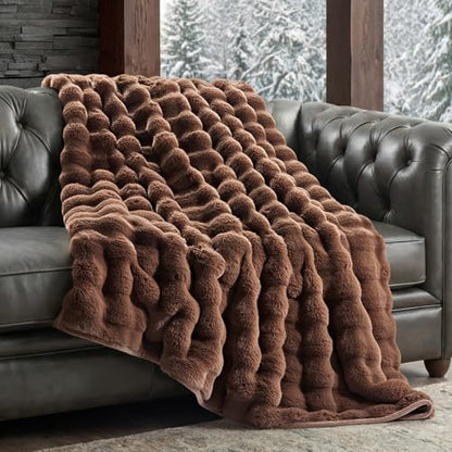 Faux Rabbit Fur Bubble Throw Blanket, 50"x60", Chestnut | Ultra Soft, Luxury Faux Rabbit Fur Throw, Thick Warm Bubble Blanket, Cozy Fluffy Reversible, for Bed, Couch, Chair, Sofa - color: Chestnut, size: 50"x60"