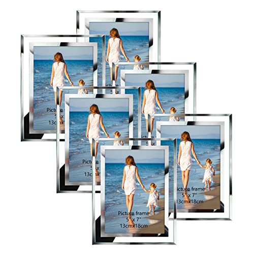 Hoikwo Bulk 5x7 Picture Frames, 6 Packs Silver Photo Frames 5 by 7, Glass Wedding Frames 5x7, Clear Mirror Wedding Photo Frames, Only for Tabletop Display Vertically or Horizontally - size: 5x7-6 Frames