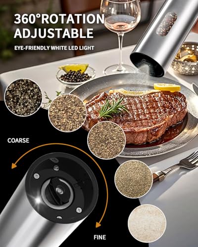 CIRCLE JOY Electric Salt and Pepper Grinder Set, Stainless Steel Rechargeable Pepper Mill Set with Charging Base, 110ML Top-Fill, Adjustable Coarseness, LED Light, One-Hand Operation, Gift Idea - color: Silver