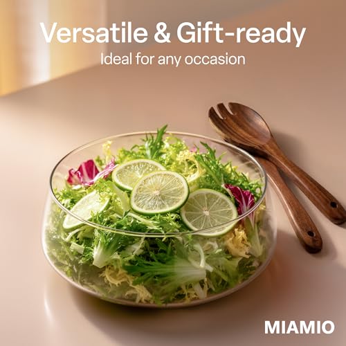 MIAMIO - Glass Salad Bowl Set/Salad Bowl with Serving Utensils (120 oz) | Glass Salad Bowl with Wood Base, Large Salad Bowl with Cutlery / Glass Fruit Bowl / Trifle Dish / Glass Serving Bowl