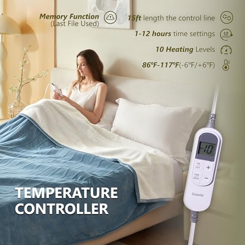 Heat Blanket 62”x84” Twin Size,Soft Flannel & Sherpa Reversible Electric Blanket with 10 Heat Settings,12 Timer Setting and 8 Hours Auto-Shut Off,ETL Certified Machine Washable,Light Blue - color: Light Blue, size: 62*84in