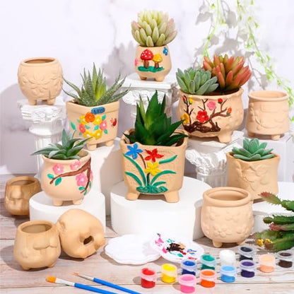 Hushee 12 Sets Ceramic Succulent Planters Paintable Succulent Plant Pots Small DIY Figurines Unpainted Pots with Drainage Hole Color Paints Paintbrushes Palettes - color: Flower