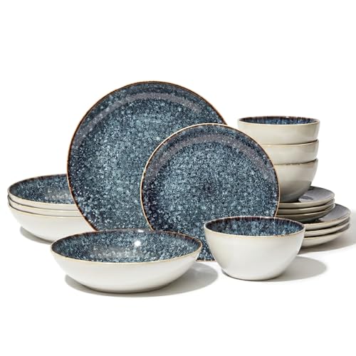 Larder & Vine Stoneware Dinnerware Set, 16 Piece, 4 Place Settings, Made in Portugal, Bondi Waters - color: Bondi Waters