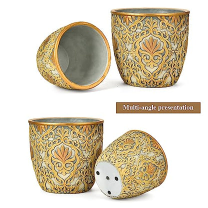 Sungmor Set of 2, 8 & 10 Inch Heavy Duty Embossed Cement Plant Pots | Sturdy Concrete Garden Planters with Drainage Holes, Decorative Flower Pots for Indoor Outdoor Home & Patio Decor