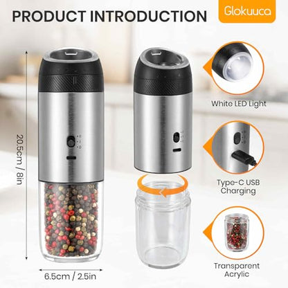 Gravity Electric Salt Grinder Set,Stainless Steel 2 Pack | with Variable Grinding Speed, External Adjustable Coarseness, One Hand Operation - color: Stainless Steel