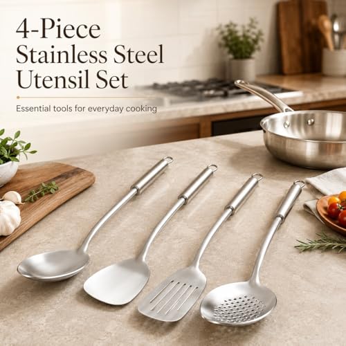 Pleafind Cooking Utensils Set - 4 Pcs Stainless Steel Kitchen Utensils Set with Solid Turner, Slotted Turner, Serving Ladle, Slotted Spoon, Wok Utensils Set with Heat Resistant Handle, Dishwasher Safe - color: 4P-Silver