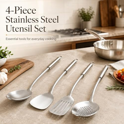 Pleafind Cooking Utensils Set - 4 Pcs Stainless Steel Kitchen Utensils Set with Solid Turner, Slotted Turner, Serving Ladle, Slotted Spoon, Wok Utensils Set with Heat Resistant Handle, Dishwasher Safe - color: 4P-Silver