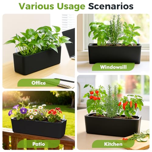 2 Pack Rectangular Self Watering Planter 15.6 x 5.4 in Window Sill Planters Indoor Rectangle Planter Self Watering Pots Plastic Plant pots with Drainage Holes Black Flower Pot (Black) - color: Black