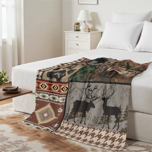 Rustic Cabin Retro Throw Blanket Flannel Fleece 50 x 60 Inch,Vintage Bear Deer Wild Animal Cozy Warm Bed Couch Blanket, Farmhouse Home Decor Ultra Soft Fuzzy Blanket for Sofa Camping Bedroom - color: Vintage Bear Moose, size: 60 x 50 inches
