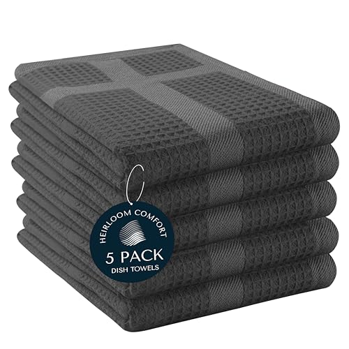 Gray Waffle Kitchen Towels with Hanging Loop, 5 Pack, 100% Cotton, 16"x26", Super Absorbent, Fast Drying Dishcloth Set, Soft for Cleaning Dishes, Hand Towel, Durable, Grey - color: Dark Grey, style: 5 Pack