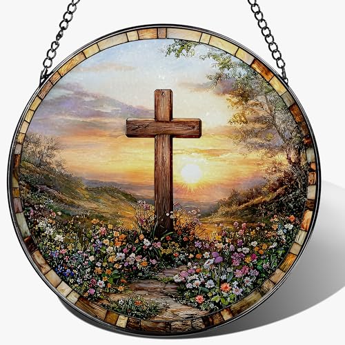 8 Inches Cross Sunset Stained Glass Suncatcher, Christmas Ornament, Window Hanging Decor, Christian Home Decor, Christian Gift, Religious Gift, Gifts for Christmas - color: Cross-a