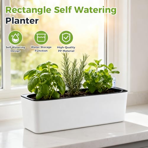 2 Pack Rectangular Planter 15.6 x 5.4 in Self Watering Planter Window Sill Planters Indoor Rectangle Plant Pot Self Watering Pots Plastic Plant pots with Drainage Holes Black Flower Pot - color: White
