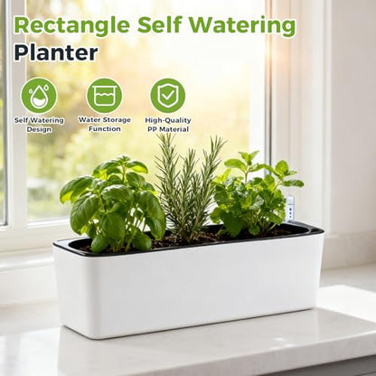 2 Pack Rectangular Planter 15.6 x 5.4 in Self Watering Planter Window Sill Planters Indoor Rectangle Plant Pot Self Watering Pots Plastic Plant pots with Drainage Holes Black Flower Pot - color: White